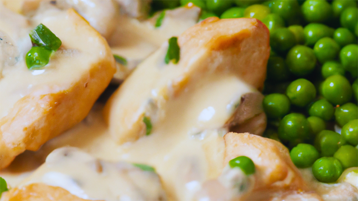 Grilled chicken with creamy leeks, mushrooms and peas