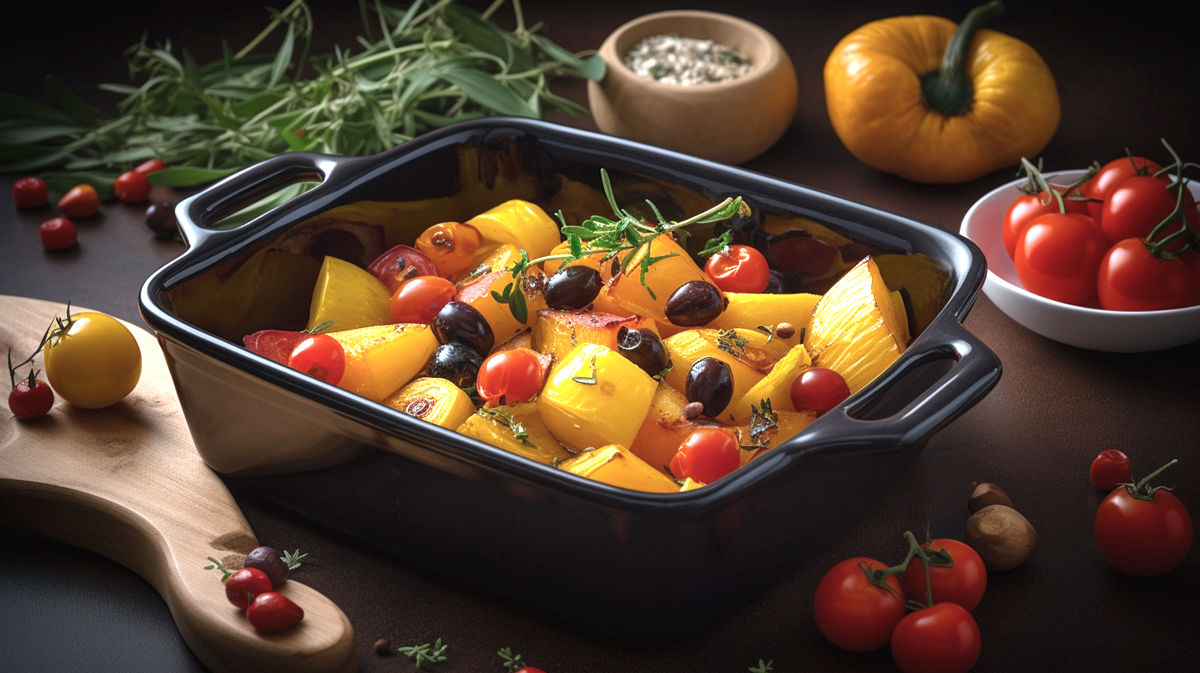 Roasted butternut squash with tomato, red pepper, olives and potato     