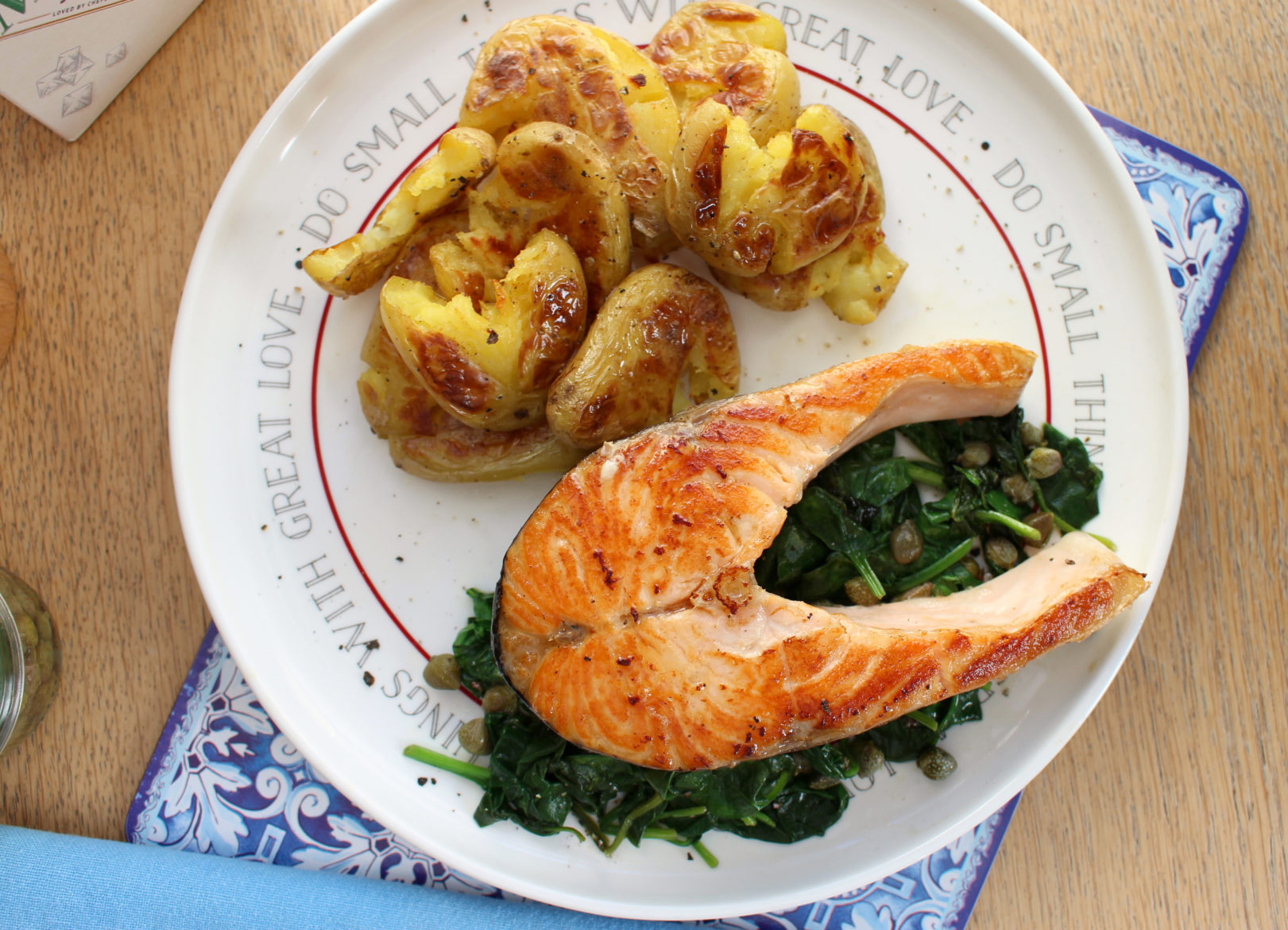 Pan-fried salmon with smashed potatoes