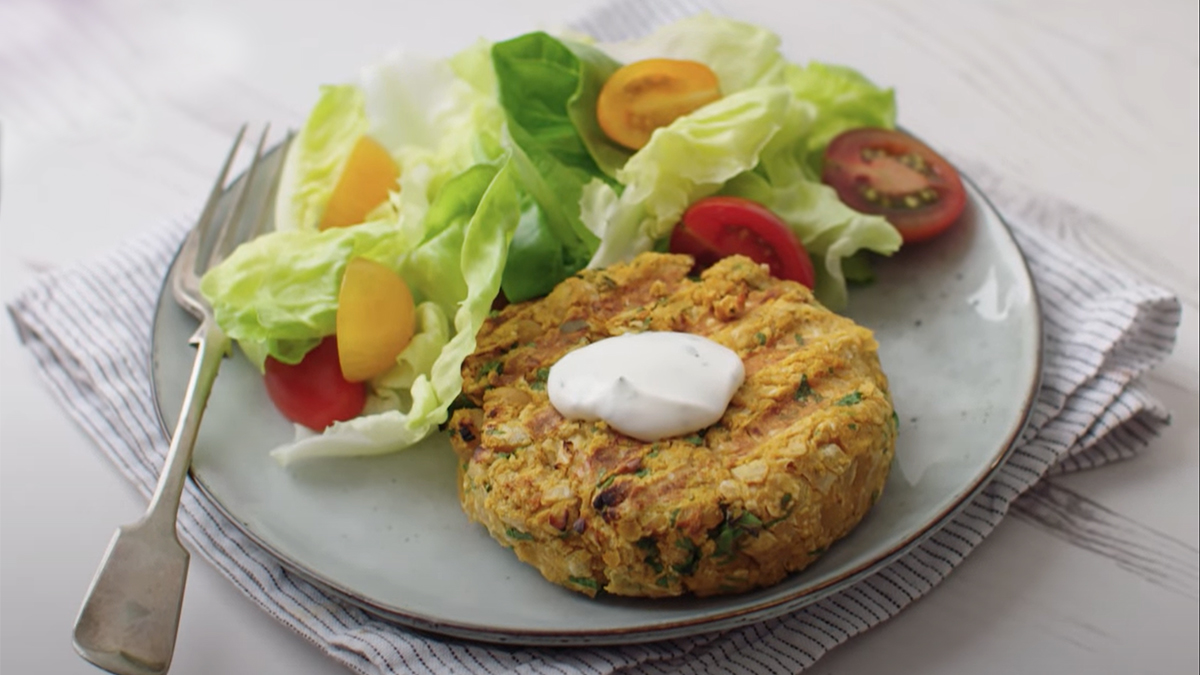 Curried chickpea and sweet potato burger