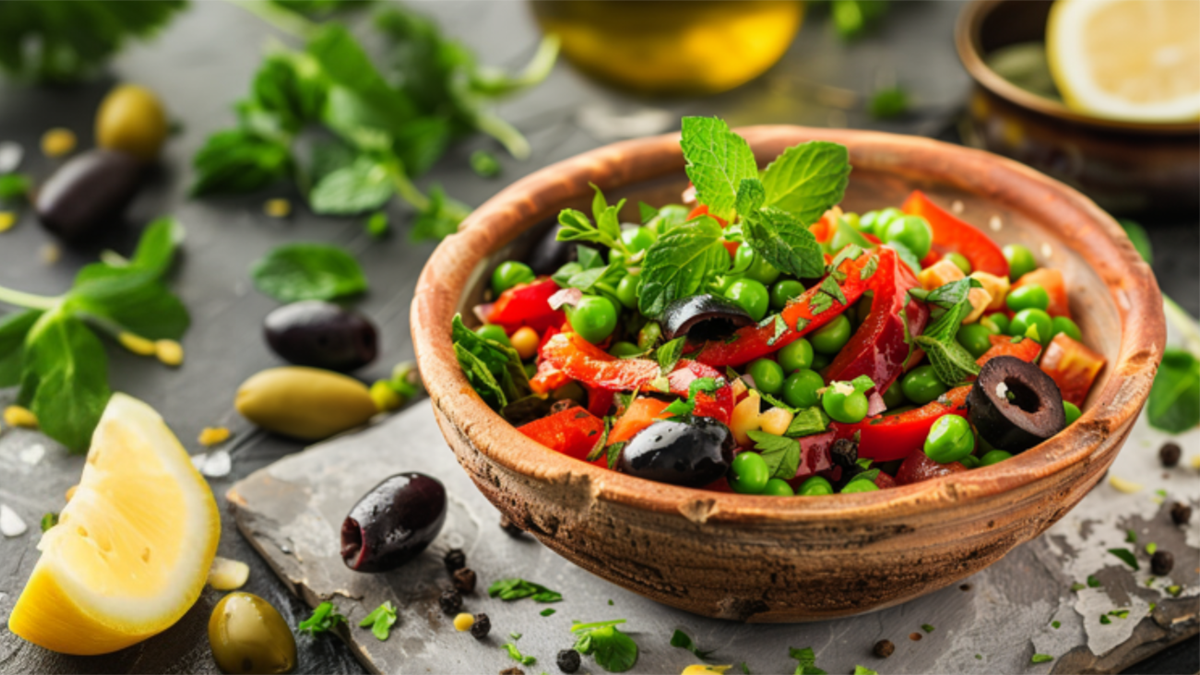 Pea salad with olives and red pepper